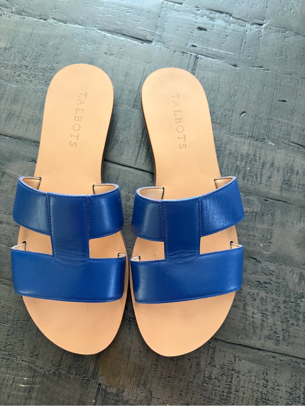 Talbots Royal Blue Double-Band Leather Slide Sandals